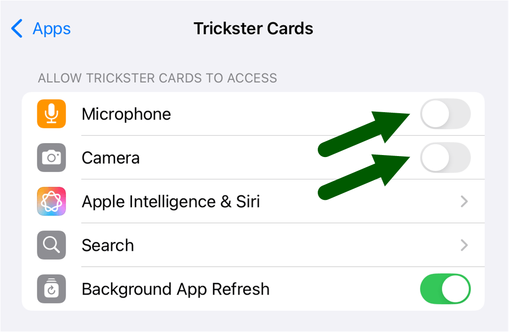 iPad Trickster Cards app settings
