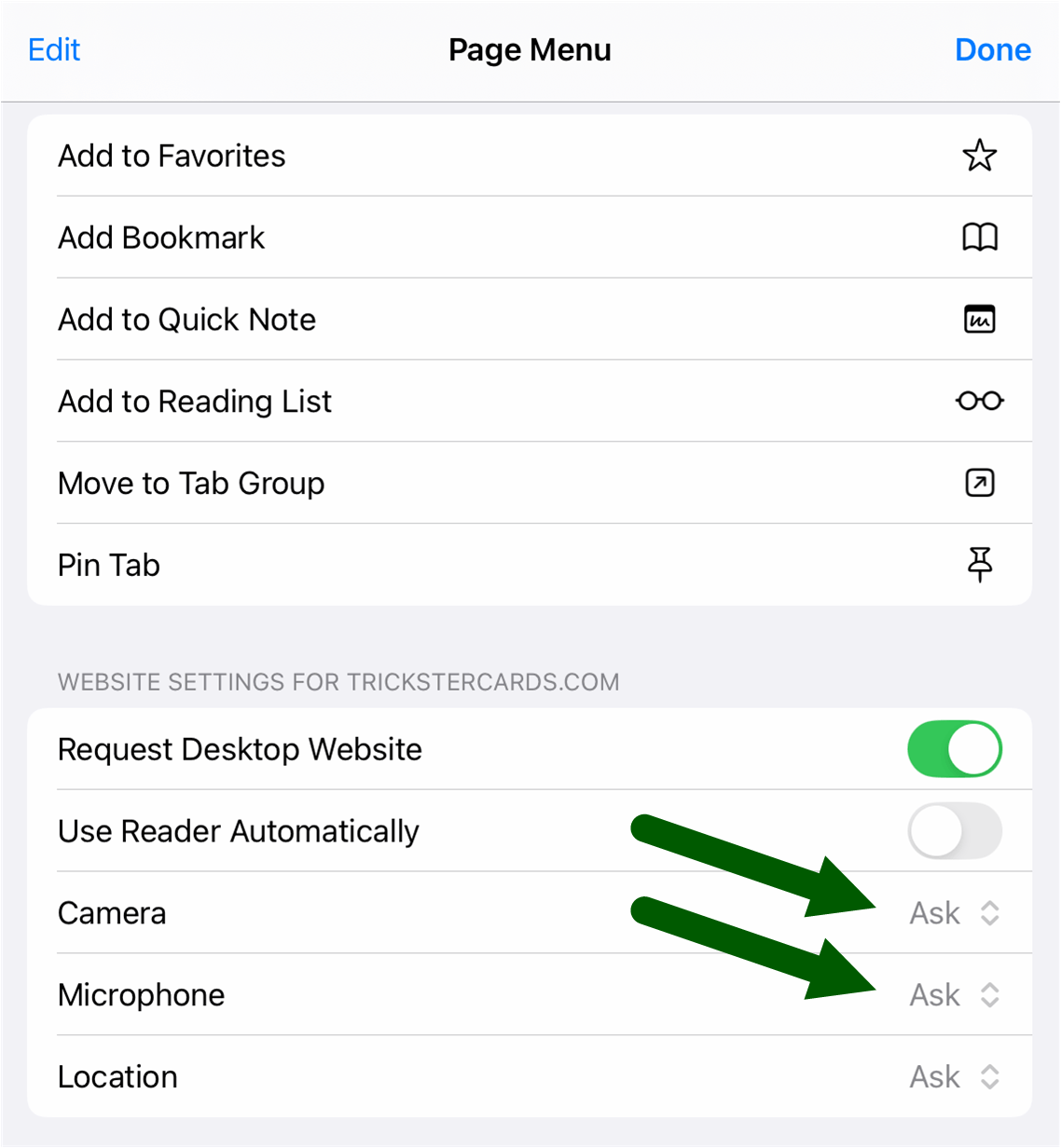 iPad expanded page menu