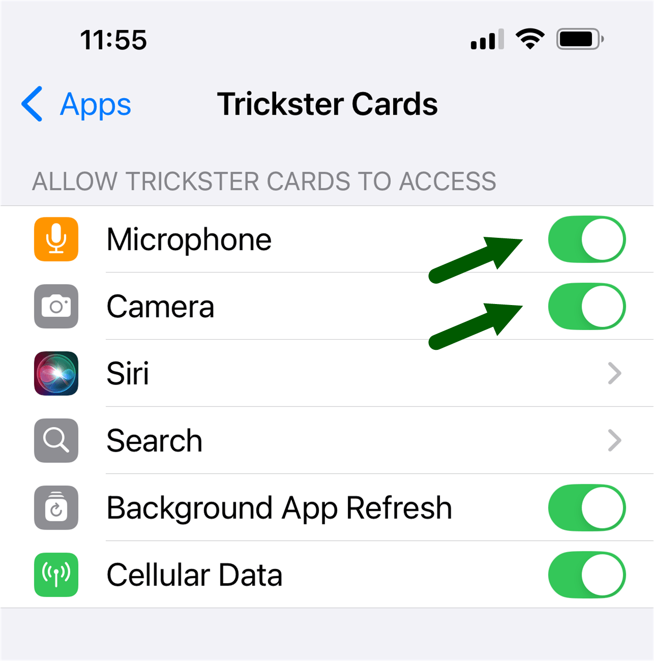 iPhone Trickster Cards app settings