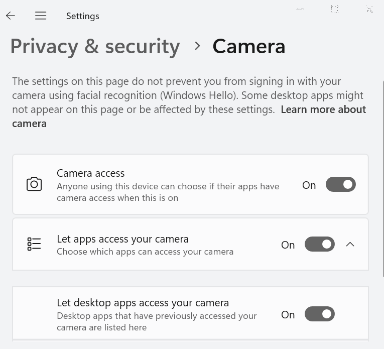Windows camera privacy settings